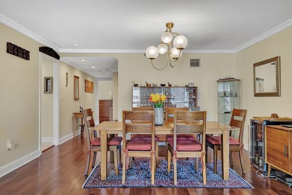 Chandelier, Dining room, Interior, Recessed Lighting, Wood Texture Flooring