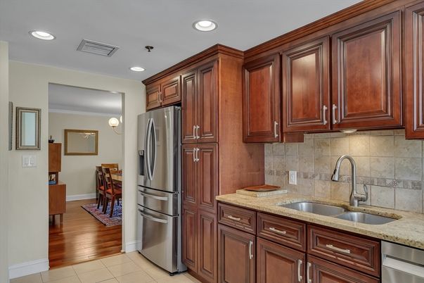 Dining room, Interior, Kitchen, Recessed Lighting, Stainless Steel Appliances, Wood Texture Flooring