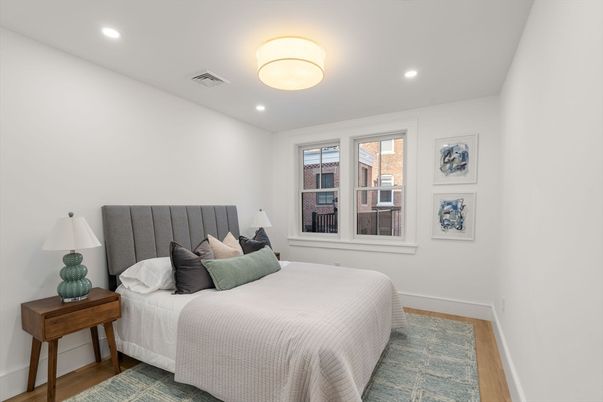 Bedroom, Interior, Recessed Lighting, Wood Texture Flooring