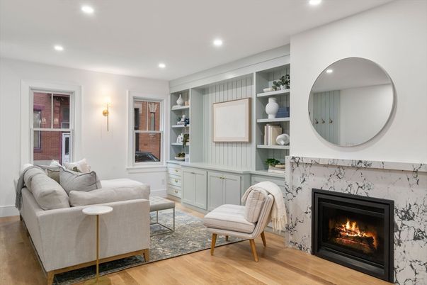 Fireplace, Interior, Living room, Recessed Lighting, Wood Texture Flooring