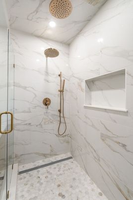 Bathroom, Glass Shower, Interior, Marble Walls, Recessed Lighting