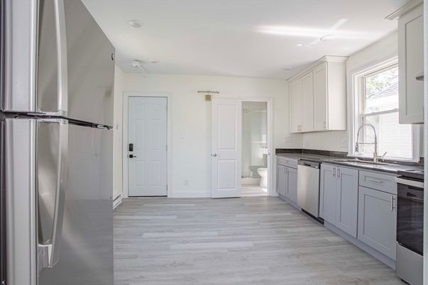 Interior, Kitchen, Recessed Lighting, Stainless Steel Appliances, Wood Texture Flooring