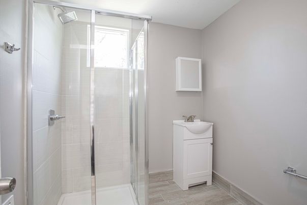 Bathroom, Glass Shower, Interior, Wood Texture Flooring