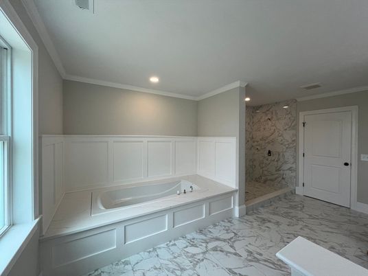 Bathroom, Glass Shower, Interior, Marble, Marble Walls, Recessed Lighting