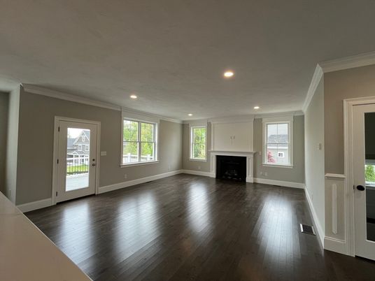 Empty room, Fireplace, Interior, Recessed Lighting, Wood Texture Flooring