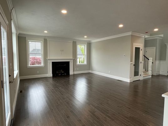 Empty room, Fireplace, Interior, Recessed Lighting, Wood Texture Flooring