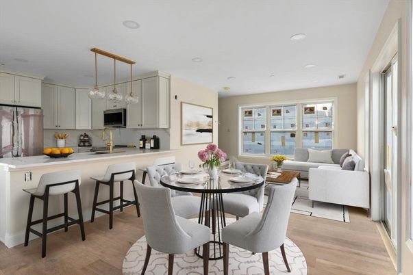 Dining room, Interior, Kitchen, Living room, Pendant Lights, Recessed Lighting, Stainless Steel Appliances, Wood Texture Flooring
