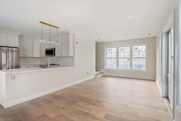 Interior, Kitchen, Marble Walls, Pendant Lights, Recessed Lighting, Wood Texture Flooring