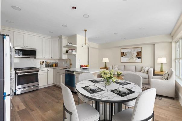Dining room, Interior, Kitchen, Living room, Pendant Lights, Recessed Lighting, Stainless Steel Appliances, Wood Texture Flooring