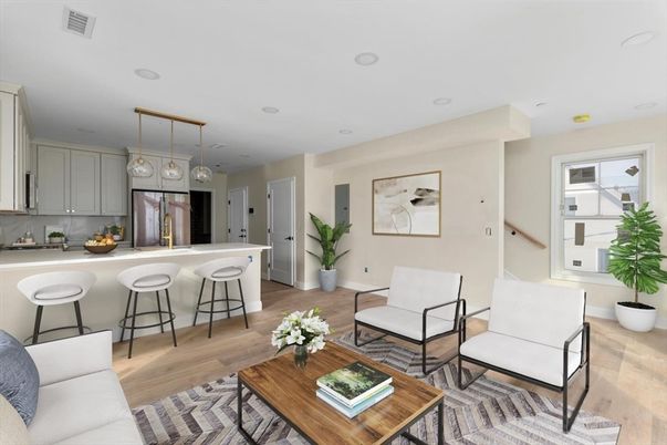 Interior, Kitchen, Living room, Pendant Lights, Recessed Lighting, Stainless Steel Appliances, Wood Texture Flooring
