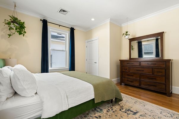 Bedroom, Interior, Pendant Lights, Recessed Lighting, Wood Texture Flooring
