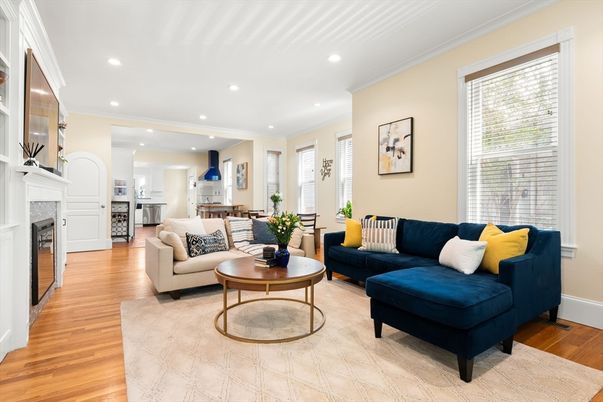 Dining room, Fireplace, Interior, Kitchen, Living room, Recessed Lighting, Wood Texture Flooring
