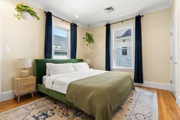 Bedroom, Interior, Recessed Lighting, Wood Texture Flooring