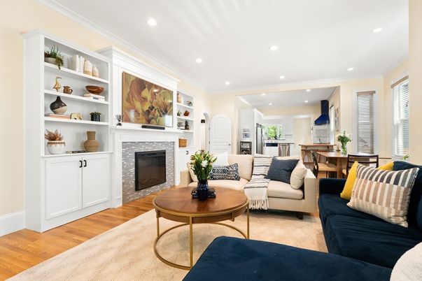 Dining room, Fireplace, Interior, Kitchen, Living room, Recessed Lighting, Wood Texture Flooring