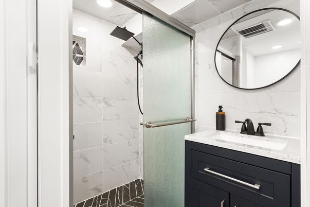 Bathroom, Glass Shower, Interior, Marble Walls, Recessed Lighting