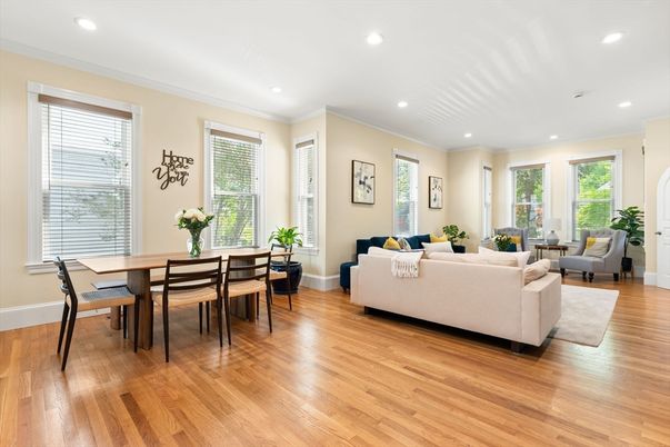 Dining room, Interior, Living room, Recessed Lighting, Wood Texture Flooring
