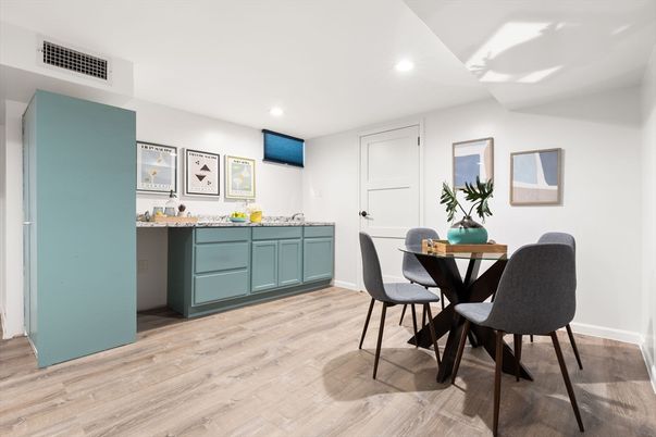 Dining room, Interior, Recessed Lighting, Wood Texture Flooring