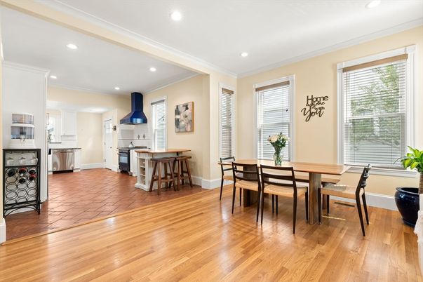 Dining room, Interior, Kitchen, Recessed Lighting, Wood Texture Flooring