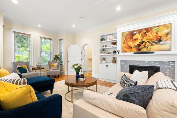 Fireplace, Interior, Living room, Recessed Lighting, Wood Texture Flooring