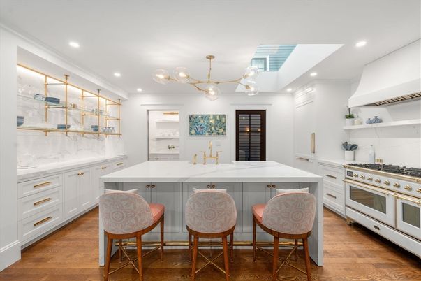 Interior, Kitchen, Marble Walls, Pendant Lights, Recessed Lighting, Stainless Steel Appliances, Wood Texture Flooring