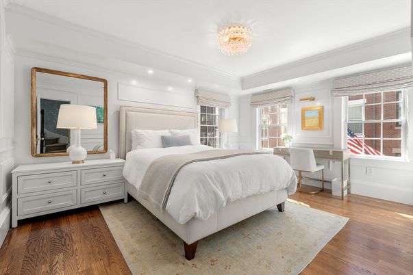 Bedroom, Chandelier, Interior, Recessed Lighting, Wood Texture Flooring