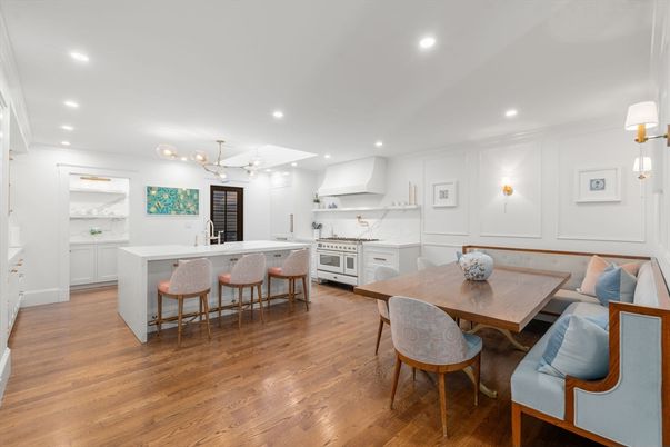Dining room, Interior, Kitchen, Marble Walls, Pendant Lights, Recessed Lighting, Wood Texture Flooring