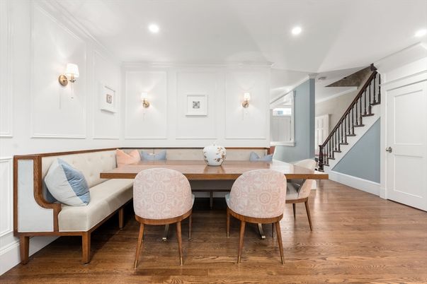 Dining room, Interior, Recessed Lighting, Wood Texture Flooring