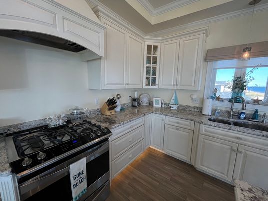 Interior, Kitchen, Pendant Lights, Stainless Steel Appliances, Water, Wood Texture Flooring