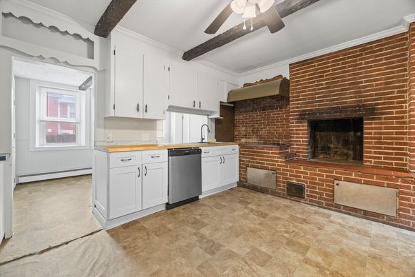 Fireplace, Interior, Kitchen, Stone Walls, Wooden Beams