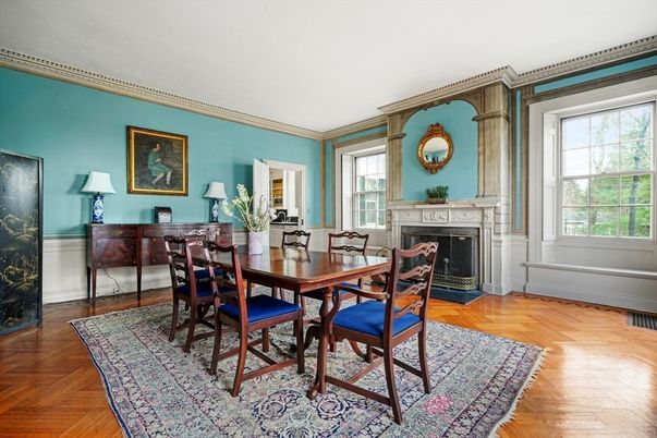 Dining room, Fireplace, Interior, Wood Texture Flooring