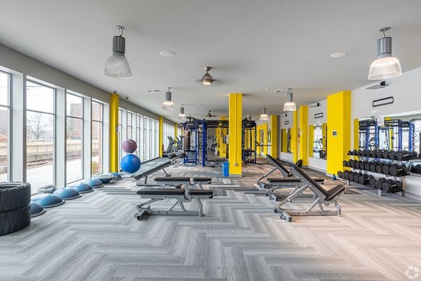 Fitness Equipment, Gym, Interior, Pendant Lights, Wood Texture Flooring