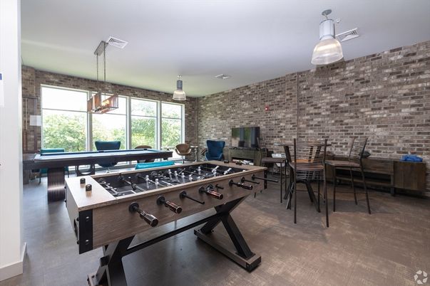 Billiard Table, Game Room, Interior, Pendant Lights, Stone Walls