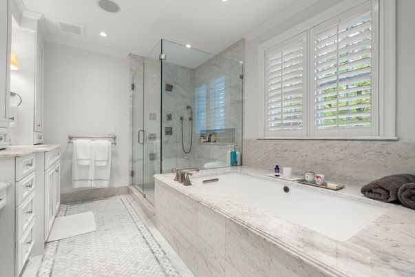 Bathroom, Glass Shower, Interior, Marble Walls, Recessed Lighting