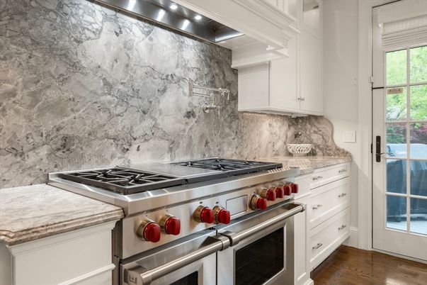 Interior, Kitchen, Marble Walls, Stainless Steel Appliances, Wood Texture Flooring
