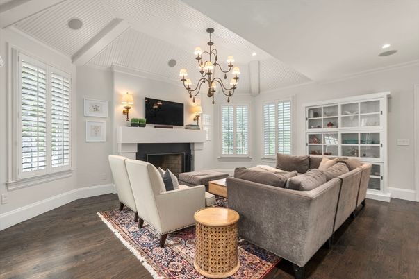 Chandelier, Fireplace, Interior, Living room, Recessed Lighting, Wood Texture Flooring