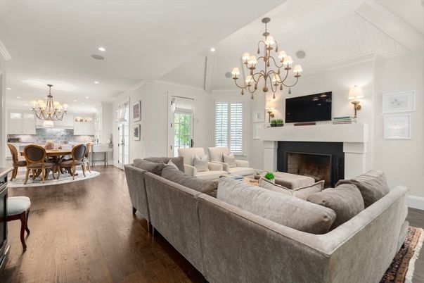 Chandelier, Dining room, Fireplace, Interior, Kitchen, Living room, Recessed Lighting, Wood Texture Flooring