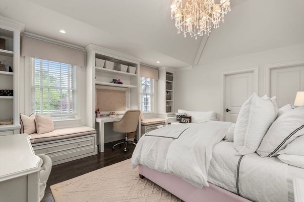 Bedroom, Chandelier, Home Office, Interior, Recessed Lighting, Wood Texture Flooring