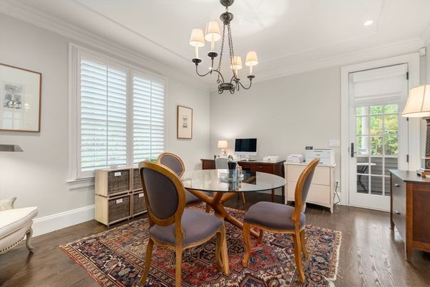 Chandelier, Home Office, Interior, Recessed Lighting, Wood Texture Flooring
