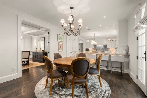 Chandelier, Dining room, Interior, Kitchen, Pendant Lights, Recessed Lighting, Wood Texture Flooring