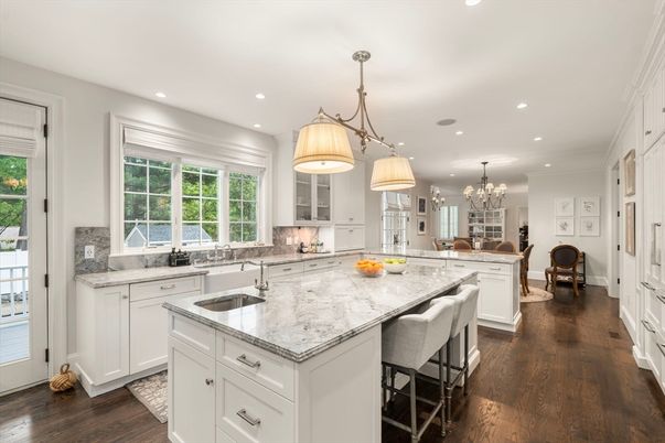 Chandelier, Interior, Kitchen, Pendant Lights, Recessed Lighting, Stainless Steel Appliances, Wood Texture Flooring