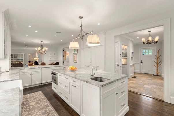 Chandelier, Interior, Kitchen, Pendant Lights, Recessed Lighting, Stainless Steel Appliances, Wood Texture Flooring
