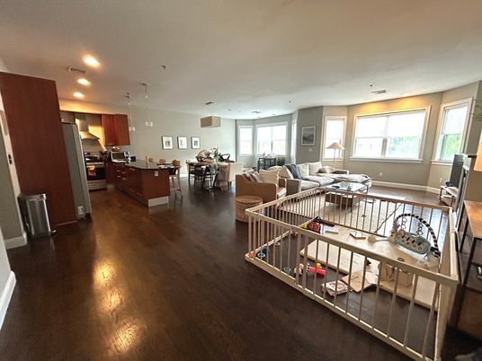 Dining room, Interior, Kitchen, Living room, Pendant Lights, Recessed Lighting, Stainless Steel Appliances, Wood Texture Flooring