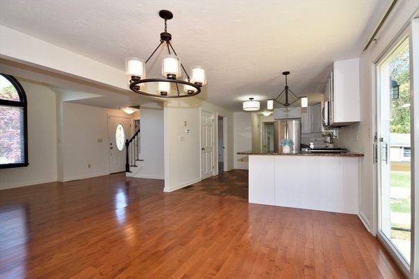 Chandelier, Interior, Kitchen, Pendant Lights, Stainless Steel Appliances, Wood Texture Flooring