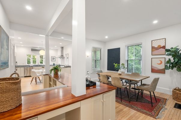 Dining room, Interior, Kitchen, Pendant Lights, Recessed Lighting, Wood Texture Flooring