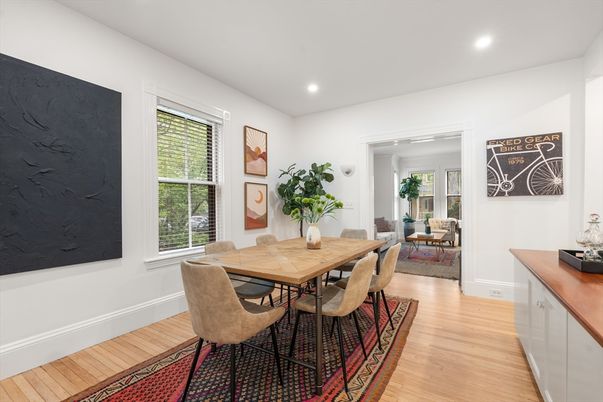 Dining room, Interior, Recessed Lighting, Wood Texture Flooring
