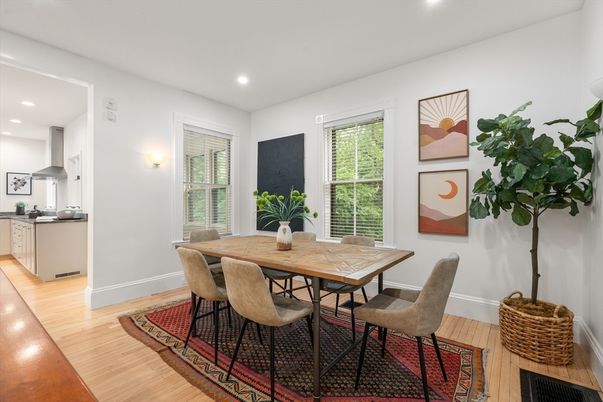 Dining room, Interior, Kitchen, Recessed Lighting, Wood Texture Flooring