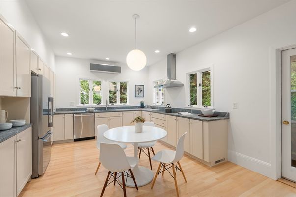 Dining room, Interior, Kitchen, Pendant Lights, Recessed Lighting, Stainless Steel Appliances, Wood Texture Flooring