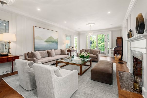 Chandelier, Fireplace, Interior, Living room, Recessed Lighting, Wood Texture Flooring