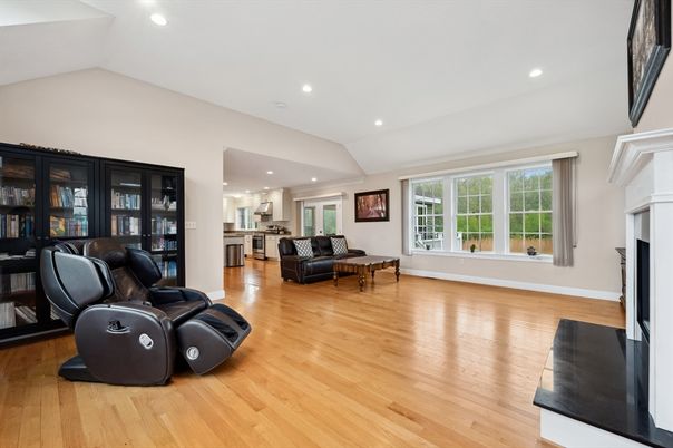 Fireplace, Interior, Kitchen, Living room, Recessed Lighting, Wood Texture Flooring