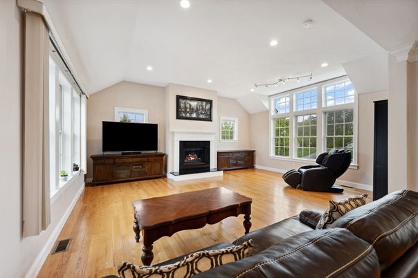 Fireplace, Interior, Living room, Recessed Lighting, Wood Texture Flooring